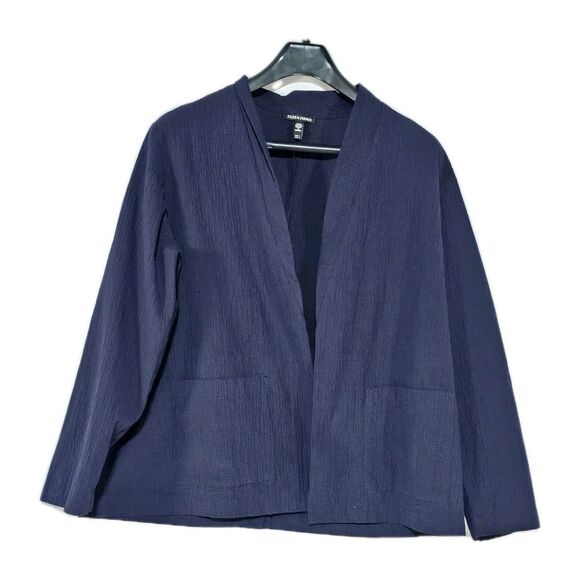 Eileen Fisher Jacket Womens Organic Cotton Pucker High Collar Blue Size L EUC - Picture 2 of 9